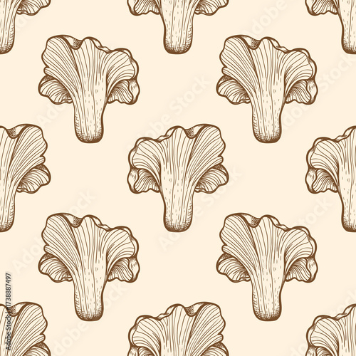 Seamless pattern of brown chanterelle mushrooms on a cream background