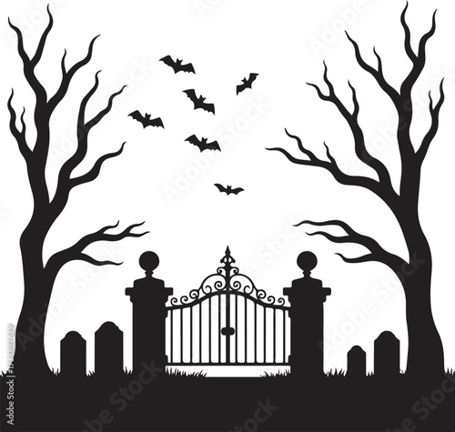 Halloween cemetery gate with bats and bare trees vector