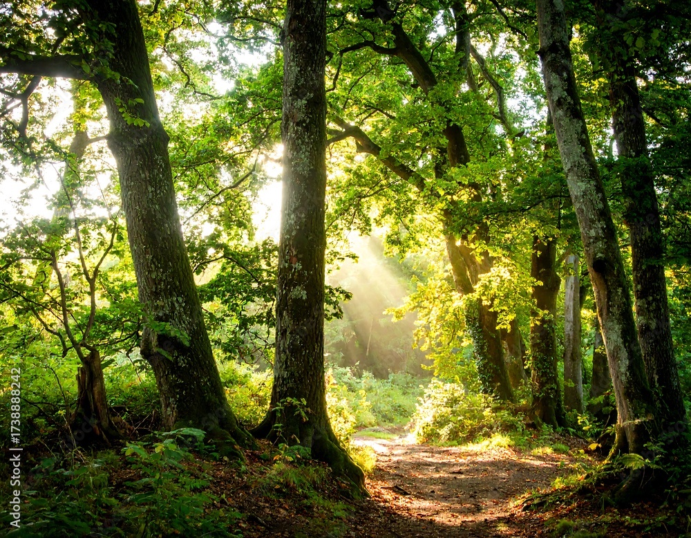 Fototapeta premium Sunlight streams through a lush forest path