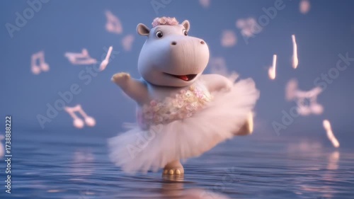 A cartoon hippo in a tutu dances, music notes float around. It stands on water, wearing a floral headpiece