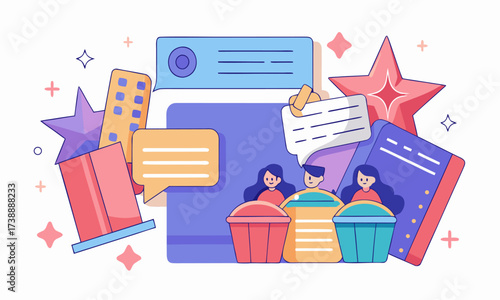Vibrant Flat Illustration of Friends Enjoying a Movie at the Cinema with Popcorn and Tickets
