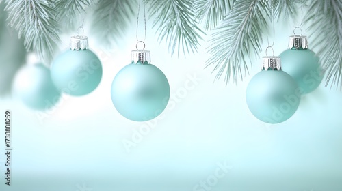 Festive light blue christmas ornaments hanging on snow flocked pine branch