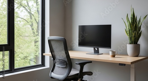 Modern Home Office Desk Setup With Monitor, Chair, Plant and Large Window View