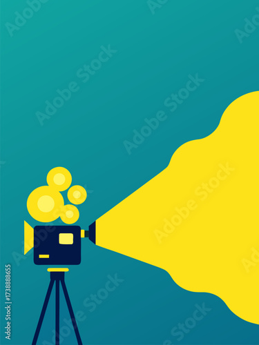 Vintage Film Camera Projecting Bright Yellow Light Beam in Studio Illustration