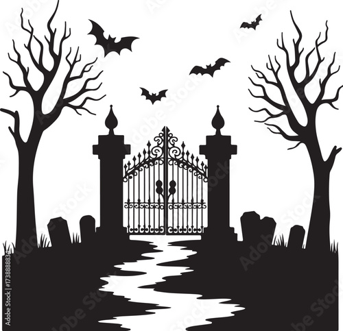 Halloween cemetery gate with bats and spooky trees