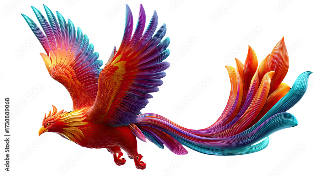 Obraz premium Phoenix Ascent: A vibrant phoenix rises majestically, its colorful plumage ablaze with fiery hues and elegant details. Capturing resilience, transformation, and everlasting life. 