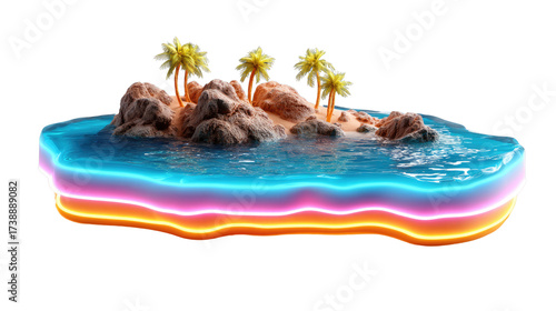 Island Oasis of Tranquility: A vibrant, stylized depiction of a tropical island, showcasing pristine waters and lush palm trees in a glowing, neon-infused artistic rendition.