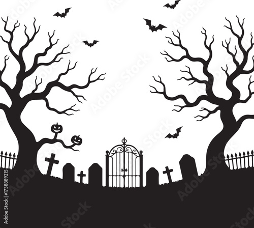 Halloween cemetery scene with bare trees and bats graveyard