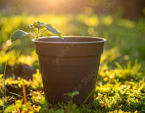 Small Plant in Pot, Sunny Day, Outdoor Garden.