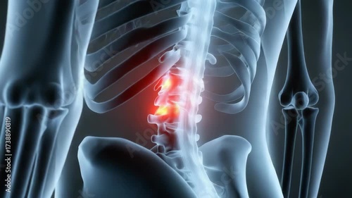 medical 3D rendering displays translucent human torso side view The skeletal frame featuring ribs and spinal column is visible Intense red highlights indicate significant pain in the lower back and ri