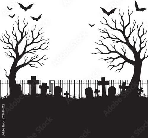 Halloween cemetery silhouette with bare trees and bats