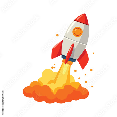 Cartoon rocket launch, rising with a powerful burst of yellow flames, isolated on a white background.