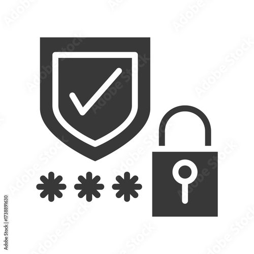 Shield with checkmark three asterisks and a padlock