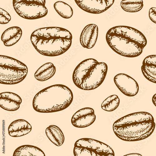 Seamless pattern of handdrawn coffee beans on a tan background