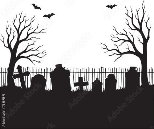 Halloween cemetery silhouette with bats and bare trees