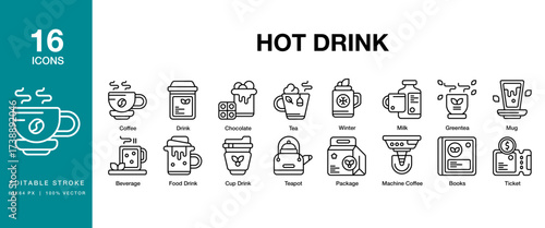 Hot Drink icon set. Includes drink, hot, cup, coffee, beverage and More. Editable Stroke Icon Collection.