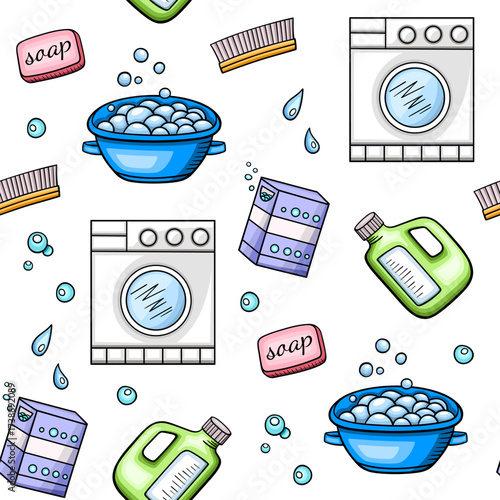 Seamless pattern of laundry items with bubbles and water droplets