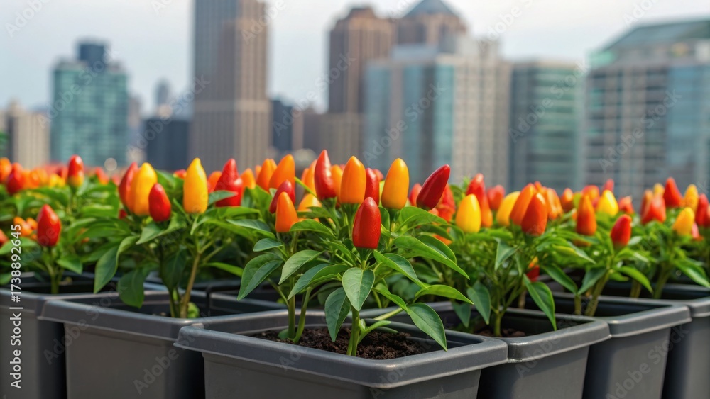 Fototapeta premium Vibrant chili pepper plants in pots set against a city skyline, showcasing urban gardening and colorful produce.