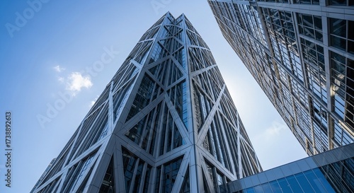 Modern Skyscrapers With Crisscross Facades Tower Over a Busy City