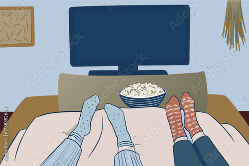 Cozy Evening In: Relaxed Couple Enjoying Home Cinema with Popcorn