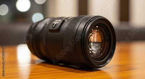 Close-Up Of A Black Camera Lens On A Wooden Table For Photography Gear Stock Image