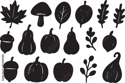 Autumn Silhouettes: A collection of beautifully crafted, simple silhouettes showcasing the iconic symbols of the autumn season, including leaves, acorn, mushroom, pumpkins, pear, and apple.