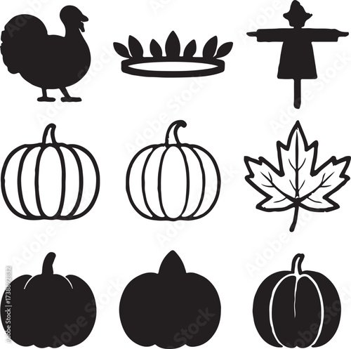 Autumn harvest: A collection of captivating icons, including a majestic turkey, a crown of autumn leaves, a straw scarecrow, a selection of ripe pumpkins, and a beautiful maple leaf.