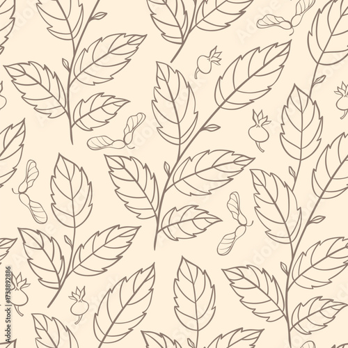 Seamless pattern of thin brown lines depicting leaves and seed pods on a beige background
