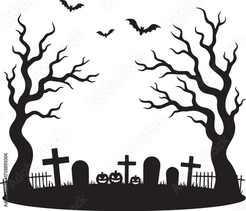 Halloween graveyard scene with bare trees and bats
