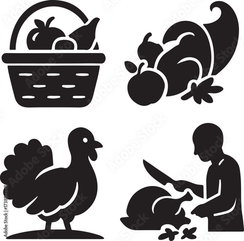 Thanksgiving Icons: A collection of symbolic illustrations capturing the essence of a traditional Thanksgiving celebration. Includes a basket of autumnal harvest, a cornucopia of plenty, a turkey.