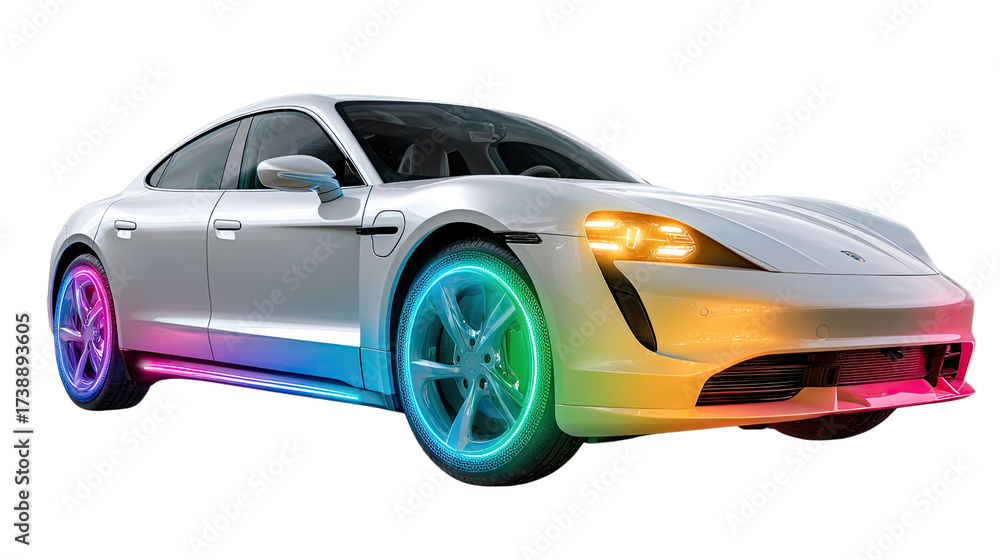 Fototapeta premium Electric Car with colorful lights: A modern electric car showcases futuristic design with vibrant, colorful lights, offering a dynamic display of technology and innovation.