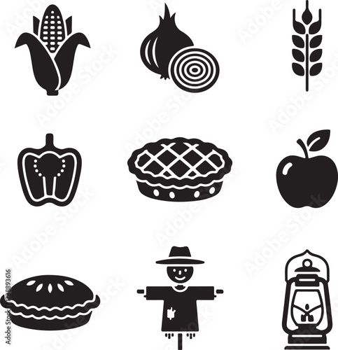 Harvest Bounty: A collection of hand-drawn, black and white illustrations showcasing the bounty of harvest, perfect for designs celebrating the autumn season.