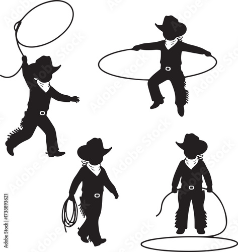 Cowboy Silhouette: Capturing the spirit of the wild west, a young cowboy, rendered in a classic silhouette, engages in various activities, embodying the essence of rugged individualism and adventure.