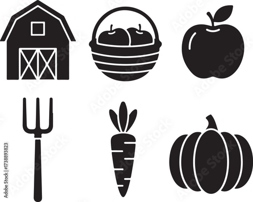 Farm Icons Set: A stylized illustration presents essential farm elements like a barn, a basket of apples, a crisp apple, a pitchfork, a vibrant carrot, and a robust pumpkin.