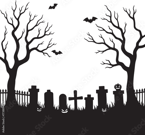 Halloween graveyard scene with bare trees bats and tombstones