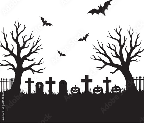 Halloween graveyard scene with bare trees bats and pumpkins