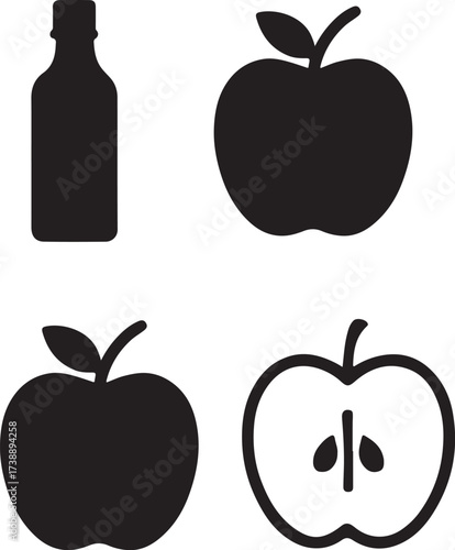 Apple and Bottle Set: A silhouette arrangement features an apple cider vinegar bottle, alongside three detailed representations of apples, presenting whole, halved, and the entire fruit