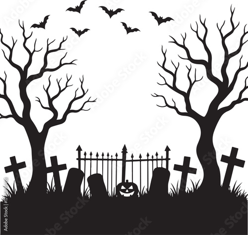 Halloween graveyard scene with bats and pumpkin cemetery
