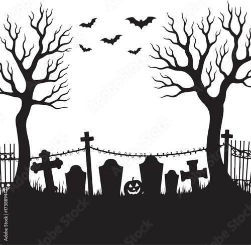 Halloween graveyard scene with bats and bare trees
