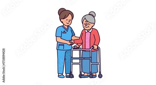 Compassionate caregiver assisting senior woman with walker conveying support and mobility aid