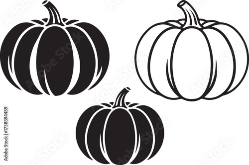 Pumpkin Trio: Illustrative rendition of three pumpkins, each conveying a unique contour and texture, embodying the harvest season's essence. A minimalist graphic art, a nod to autumn.