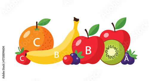 Colorful display of cartoon fruits arranged by vitamin content featuring vivid colors
