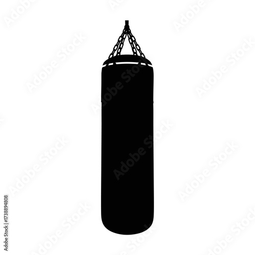 Silhouette of a hanging black punching bag for boxing practice and fitness training