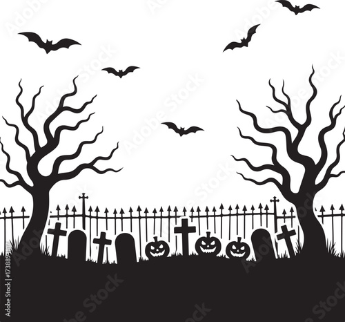 Halloween graveyard scene with bats and pumpkins cemetery