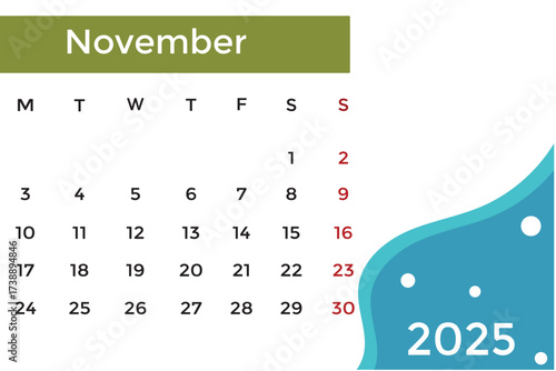 November 2025 calendar in green and blue. Perfect for scheduling, planning, time management, office, business, and personal use.