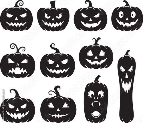 Spooky Pumpkins Silhouettes: A collection of carved Halloween pumpkins, each with a unique and eerie expression. From evil grins to haunting stares.