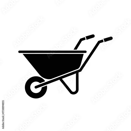 Simple graphic illustration of a black wheelbarrow against a plain white background