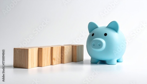 Sky Blue Piggy Bank Near Wooden Blocks on White Backdrop