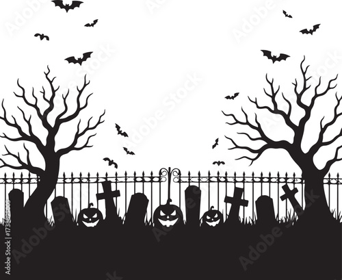 Halloween graveyard scene with bats and pumpkins cemetery