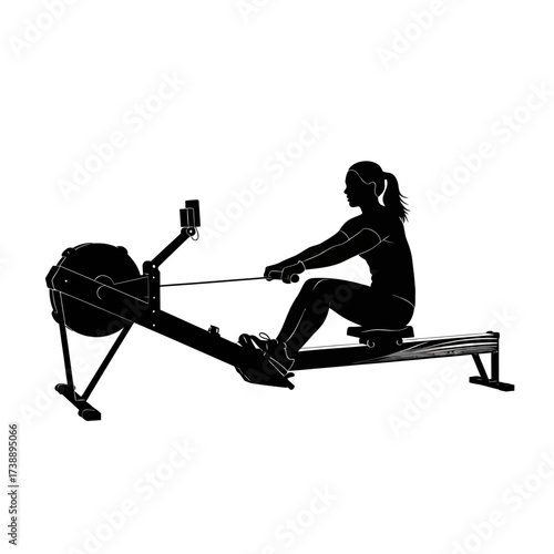 Silhouette of determined woman rowing on rowing machine for fitness workout endurance